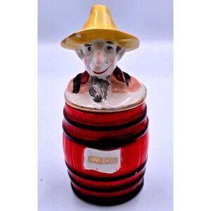 Vtg Old McDonald Farm Ceramic Cinnamon Spice Jar Barrel Farmer Lid SEE PHOTOS